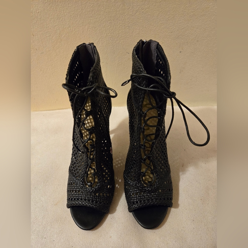 Sam Edelman Women's Shoe Black Woven Mesh Lace Up Heels with Zipper Size 9 1/2